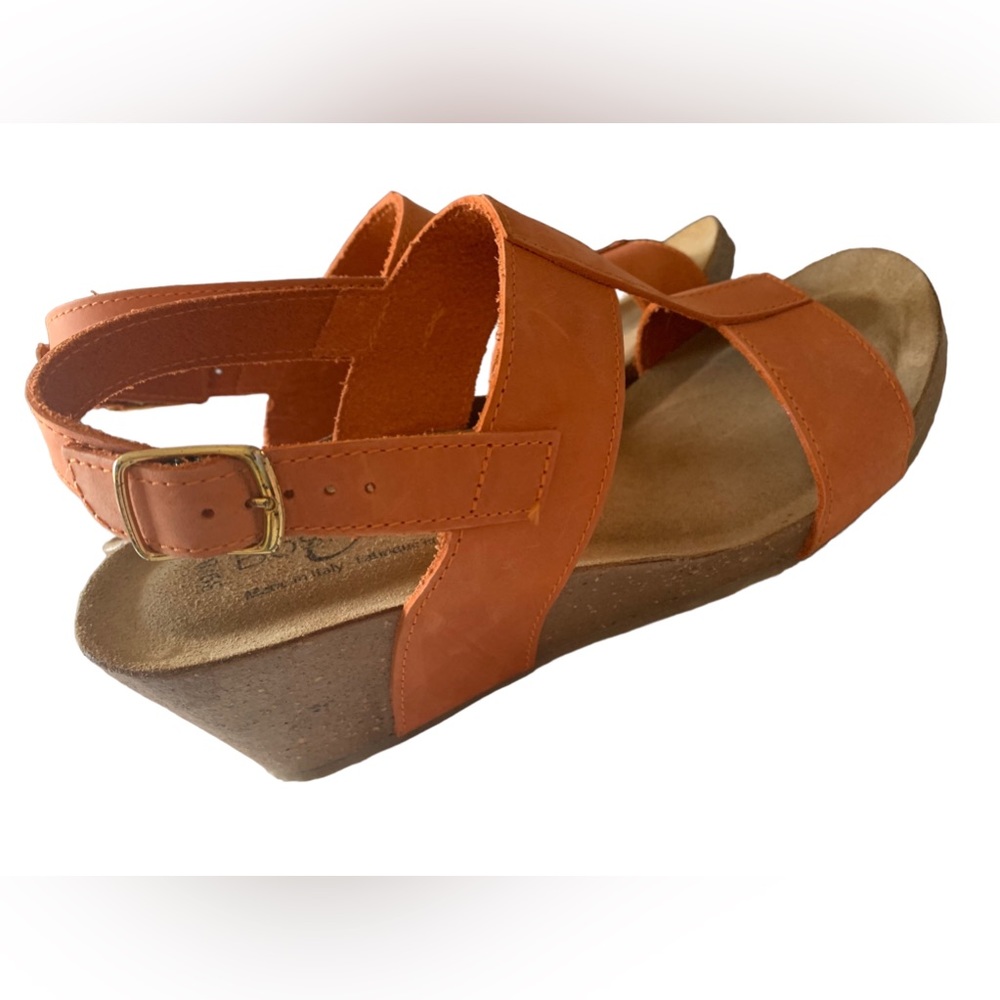 Women's Bos & Co Lust Italian Leather T-Strap Wedge Sandals Orange Made in Italy - Picture 4 of 11